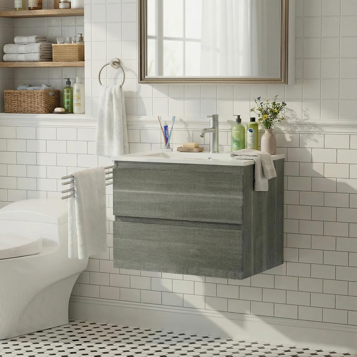 24-Inch Modern MDF Bathroom Vanity with Sink – Wall-Mounted Floating Cabinet with Double Drawers, White