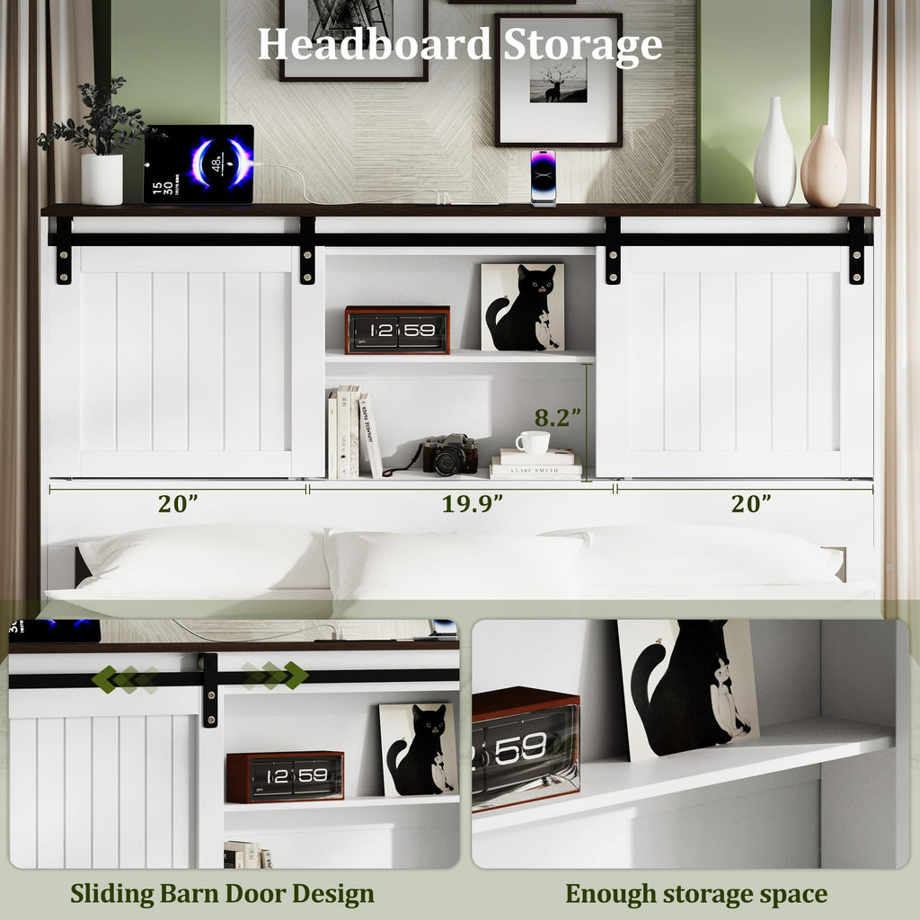 Farmhouse Bed Frame Wood with Headboard Storage, White