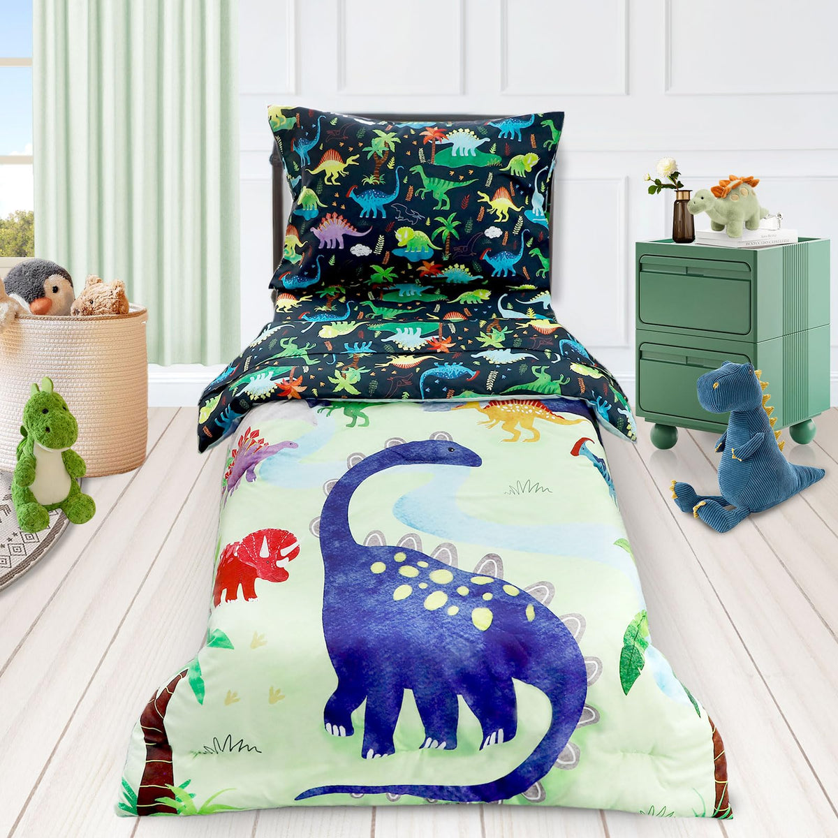 4 Piece Toddler Bedding Set, Ultra Soft and Breathable Cartoon Dinosaur Toddler Comforter Sets for Boys Includes