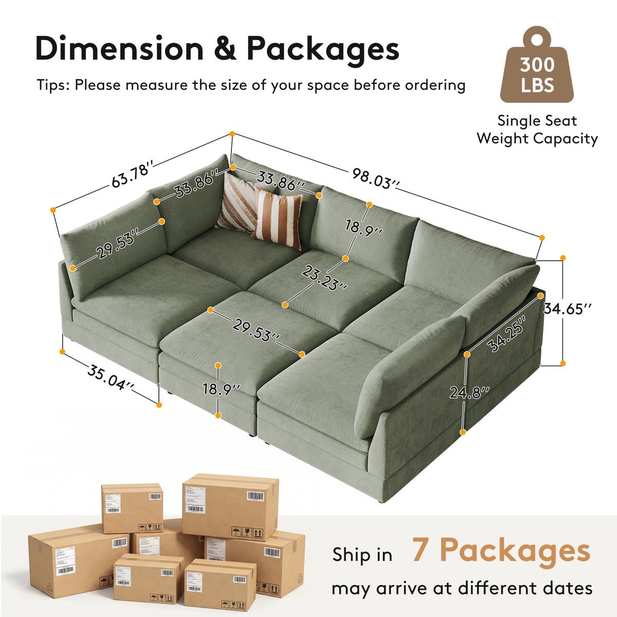 98" Large Cloud Modular Sectional Sofa with Ottoman, Sage Chenille