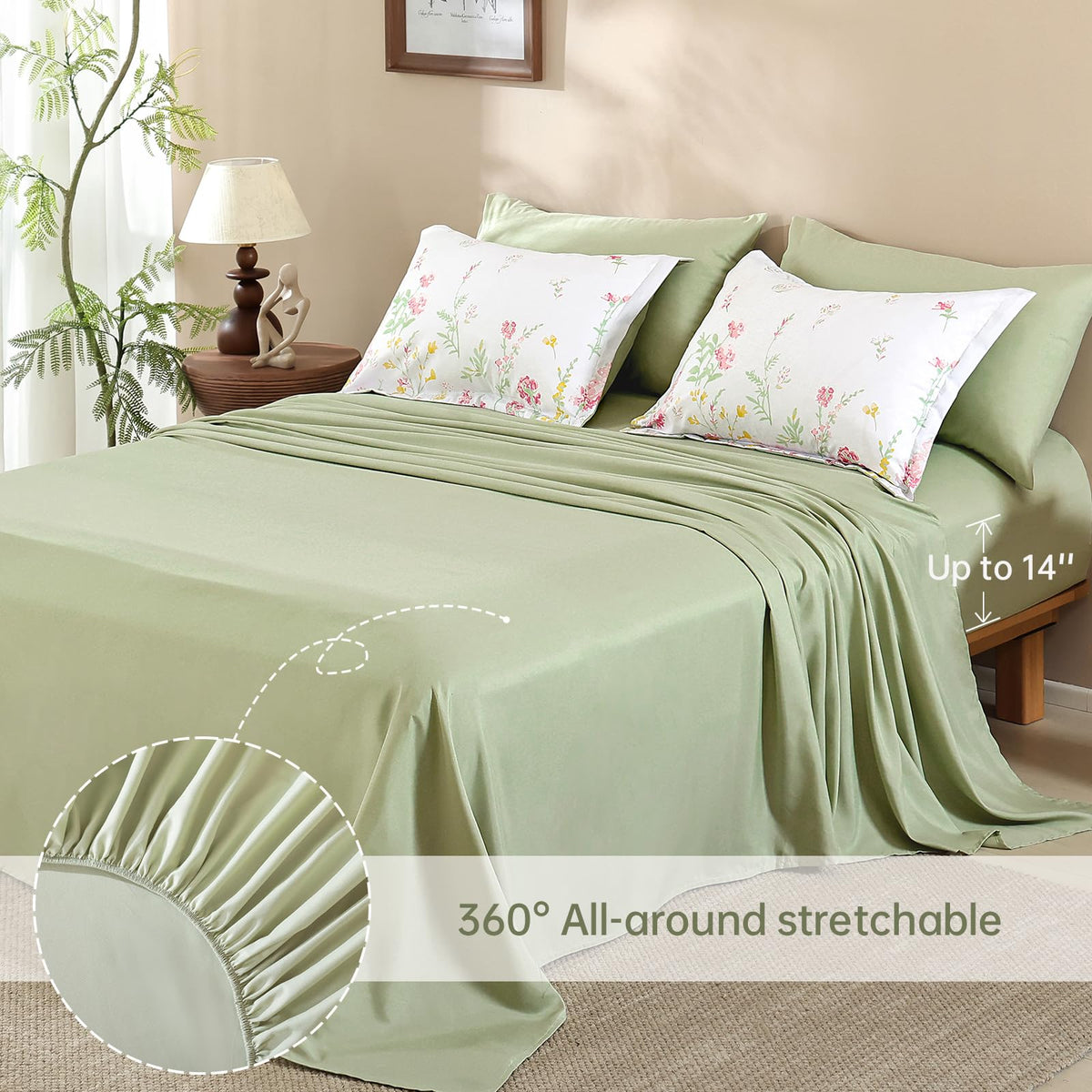 7 Piece Pink Green Floral Comforter Set, Cute Botanical Comforters Lightweight Coquette Bedding Set Flower
