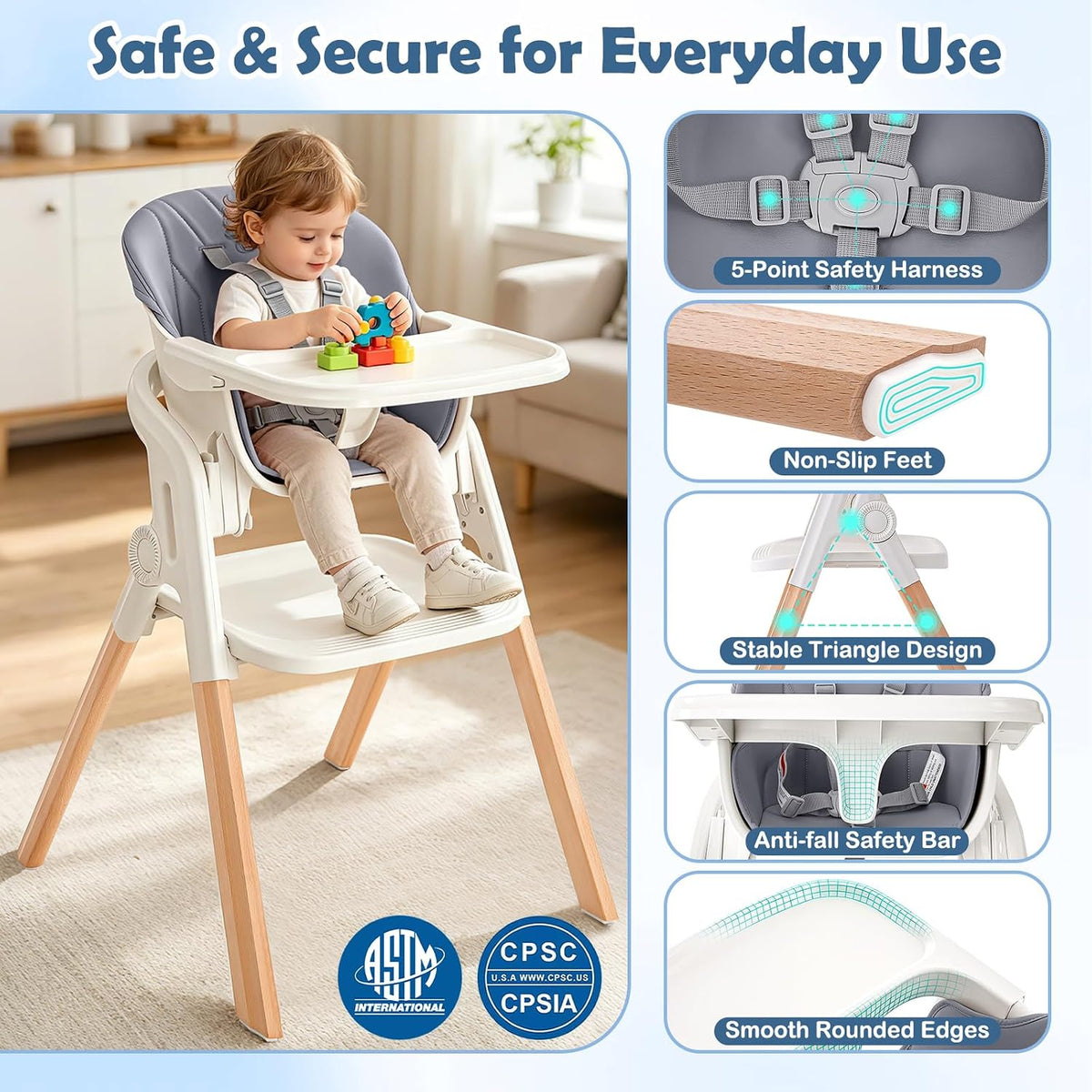 Foldable Baby High Chair, 4-in-1 Convertible Wooden Baby Highchairs (Beige)