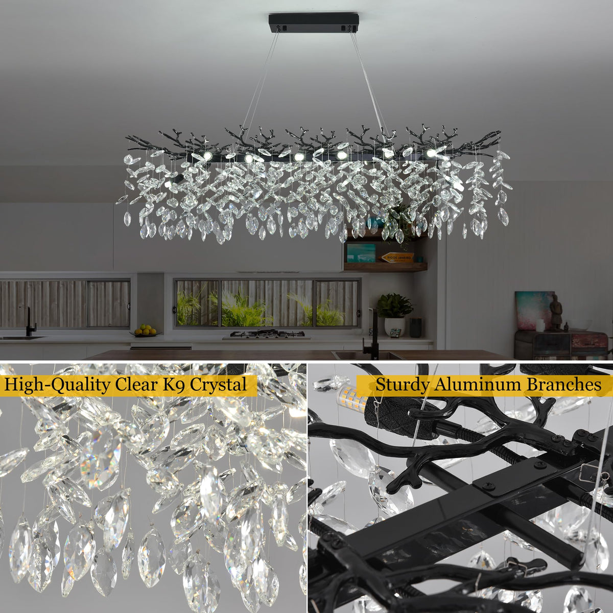 47.3" Black Modern Crystal Rectangular Raindrop Chandelier