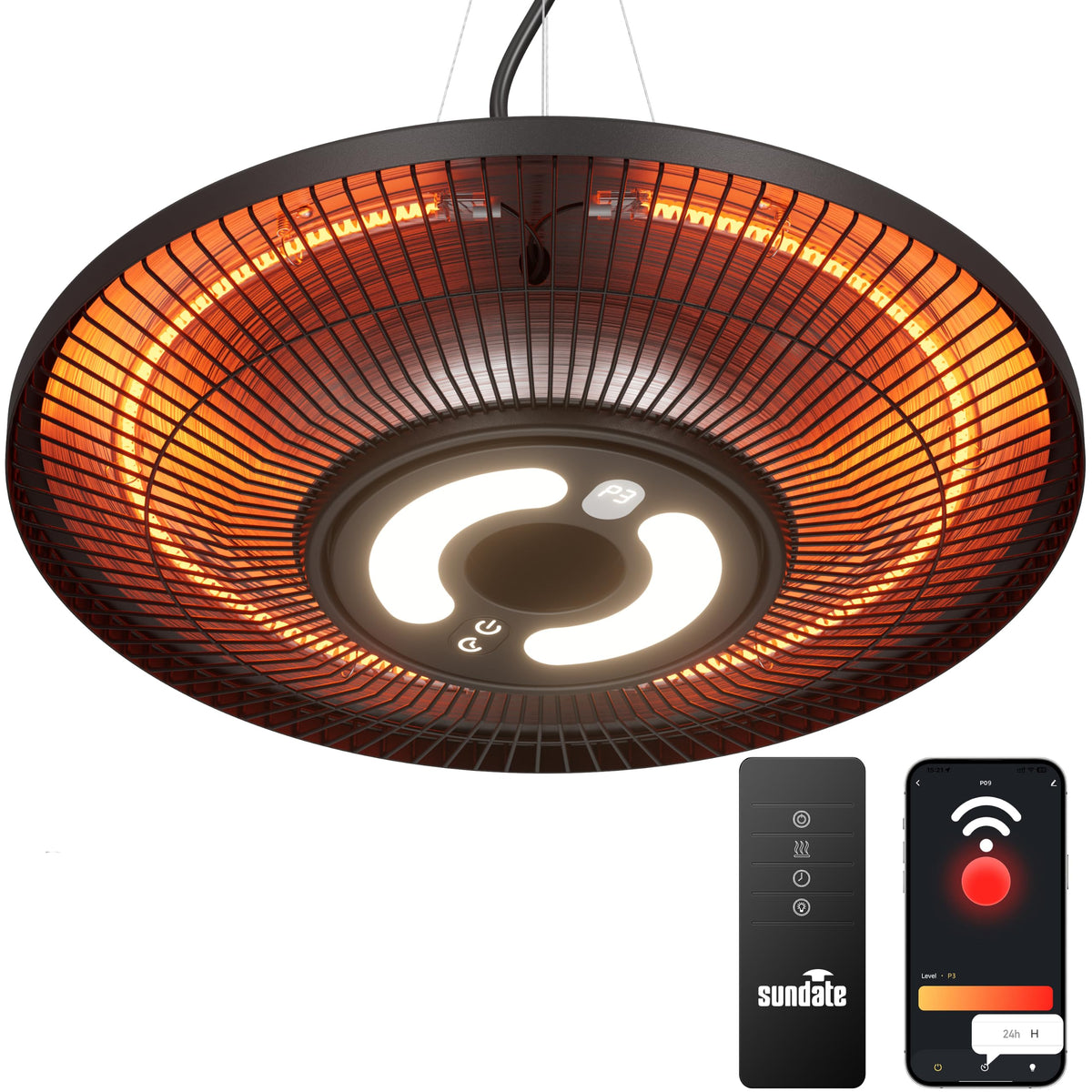 Hanging Heater, Electric Patio Heater with Light, Wifi Control, 1500W Infrared 2 Heat Levels, 24H Timers, Ceiling