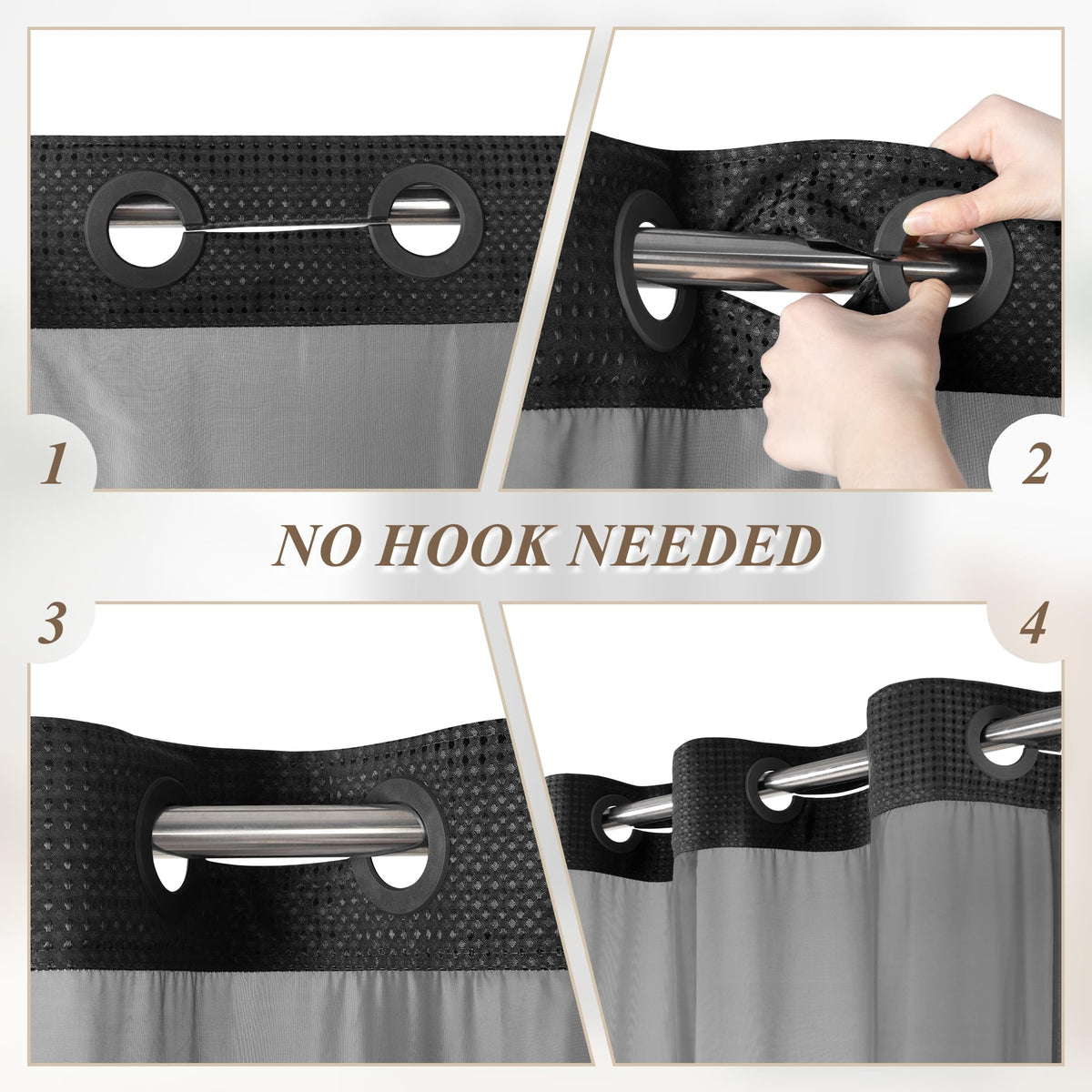 No Hook Waffle Shower Curtain Set with Liner & Rugs Black