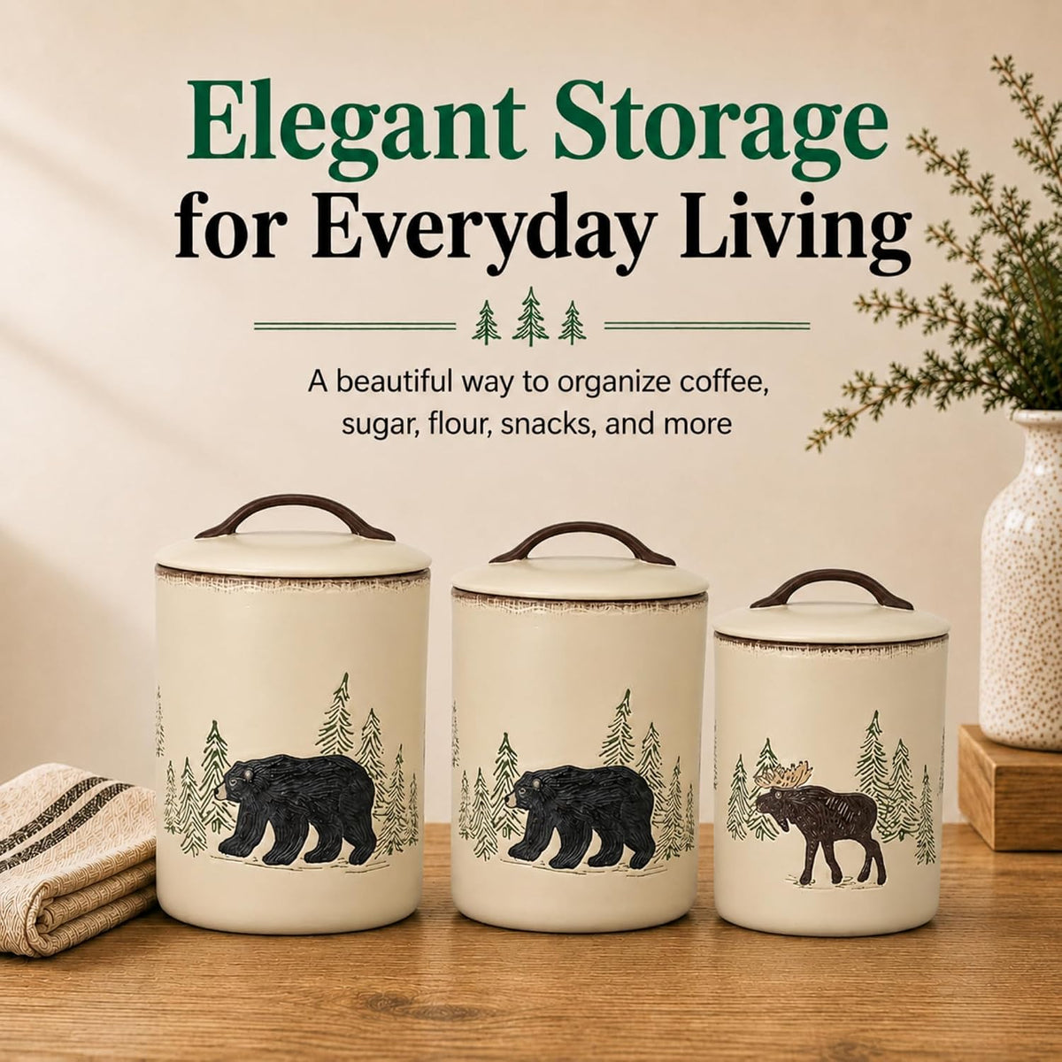 Stoneware Rustic Retreat Canister Set | Farmhouse Rustic Countertop Storage | Airtight Seal | Kitchen Counter - Set of 3