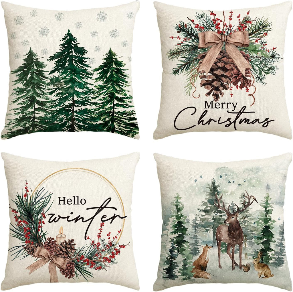 Merry Christmas Trees Reindeer Snowflake Throw Pillow Covers, 18 x 18 Inch Xmas Red Berries Hello Winter Holiday - Set of 4
