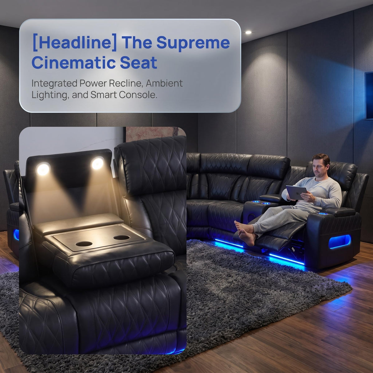 Breathable Leather Power Recliner Sectional Sofa, Bass Speakers, Cup Holder & Storage Console Home Theater