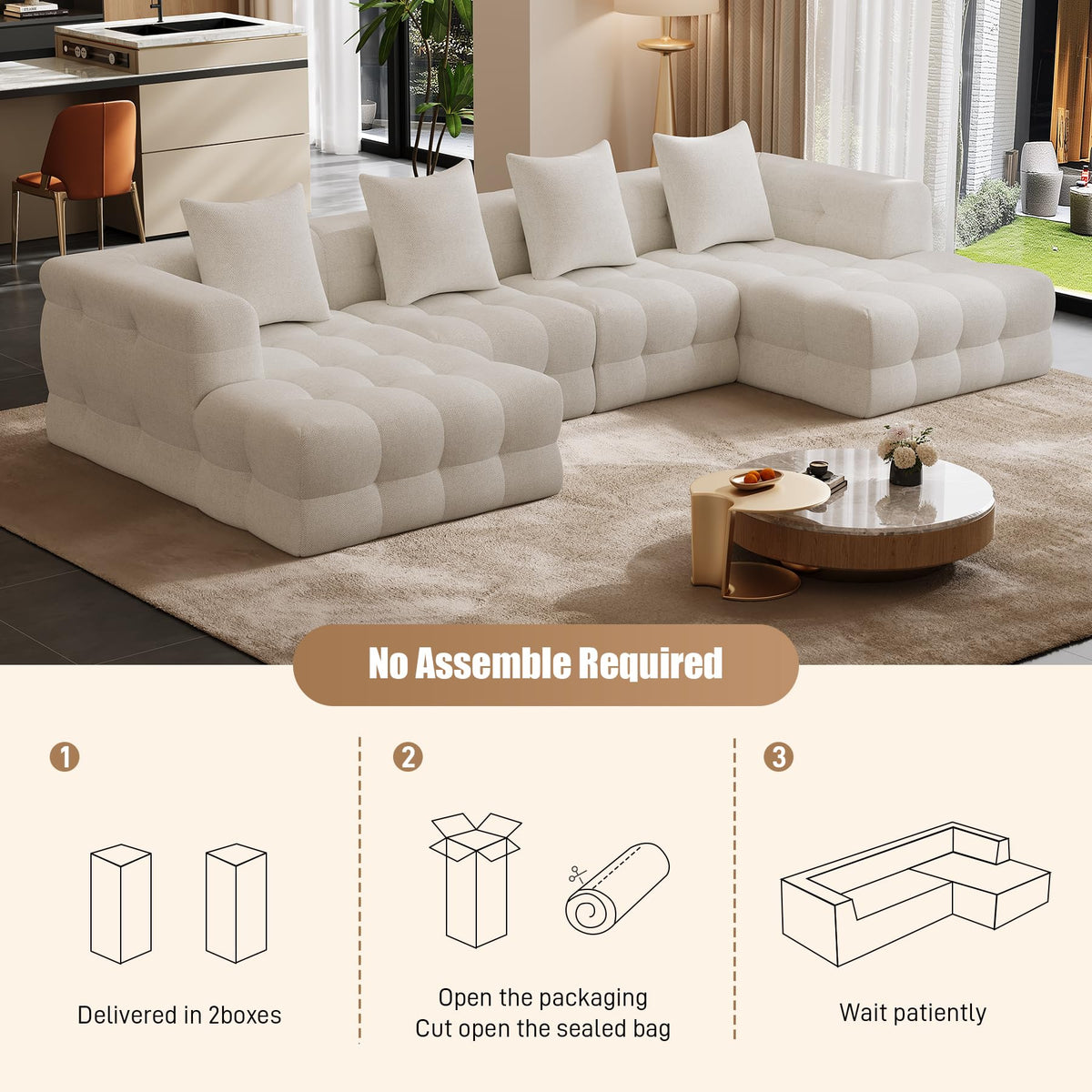 136" Boneless U-Shaped Couch, Cloud Sofa, Beige White