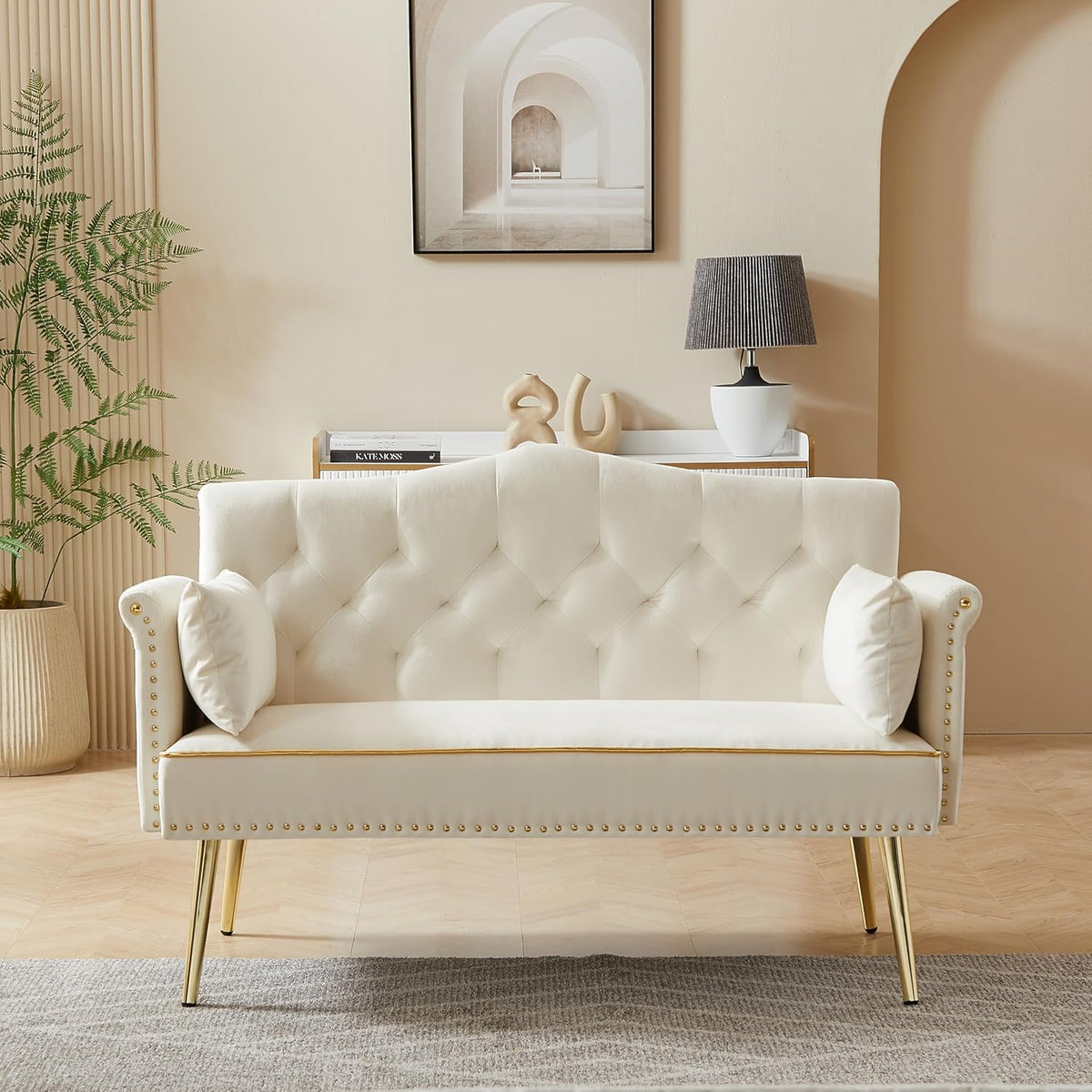 55 Inch Beige Velvet Loveseat Sofa with Gold Metal Legs & Side Pockets, Tufted Backrest
