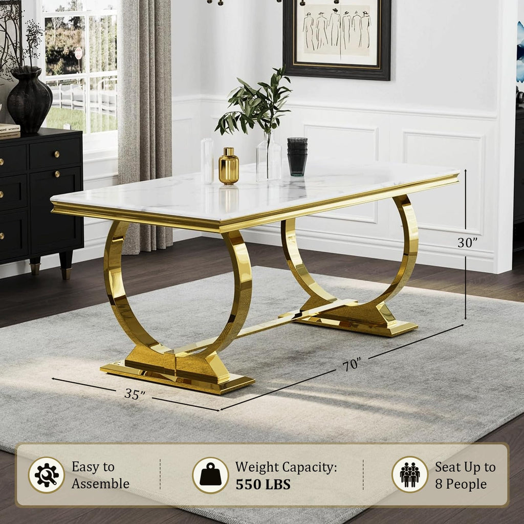 White and Gold Dining Table, Luxury 70" Faux Marble Dining Room Table with High Gloss White Top and Gold Metal U-Base