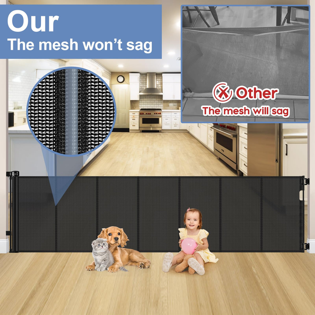 Reinforced 90 Inch Retractable Baby Gates Extra Wide Baby Gate with Reinforced Strips, 7.5ft Long Retractable Dog