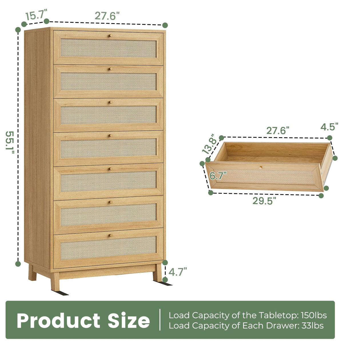 Rattan Dresser with 7 Drawer, Modern Double Wooden Tall Bedroom Dresser, Chest of Drawers with Metal Handle & Solid