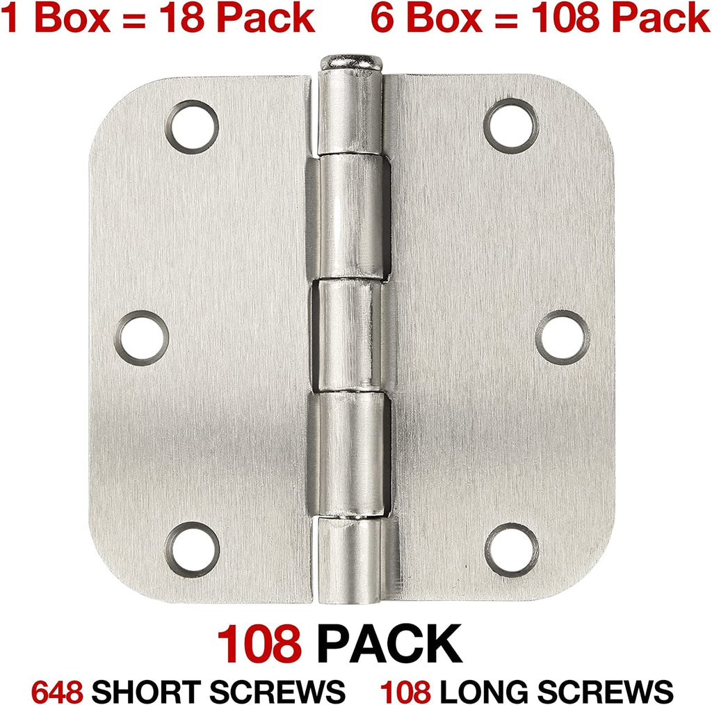 108 Pack Door Hinges Brushed Nickel 3.5 Inch with 5/8" Radius Corners