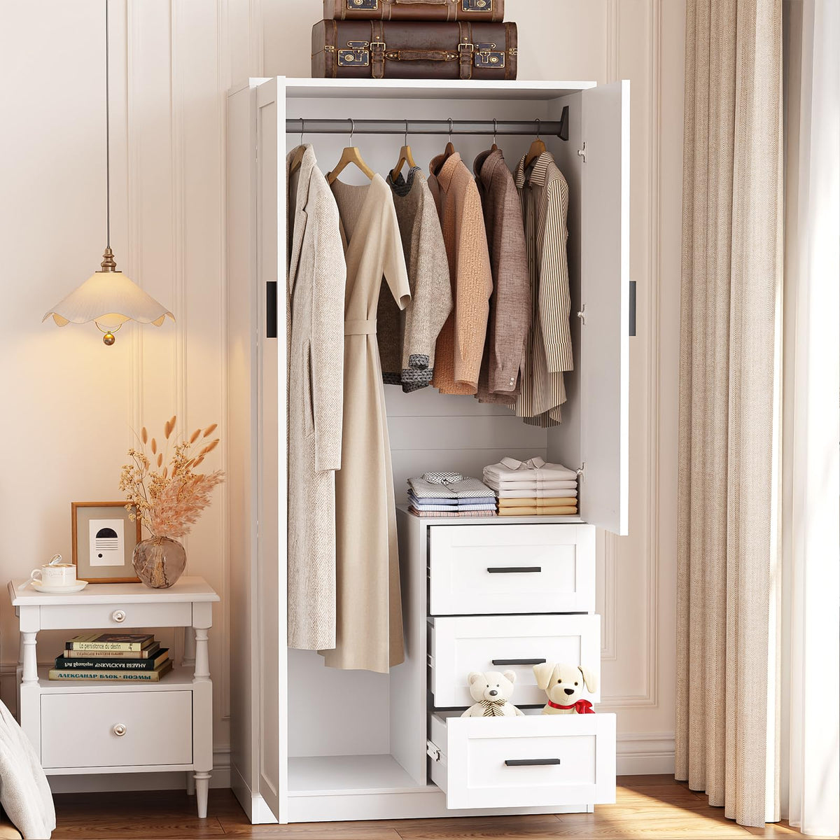 Wardrobe Closet with Doors, Bedroom Armoire with 3 Drawers and Hanging Rod