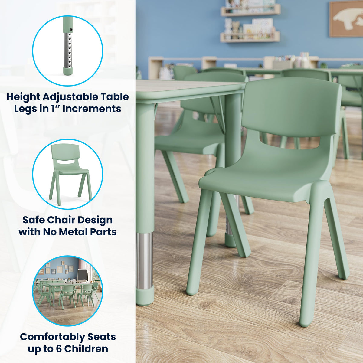 7-Piece Kids Activity Table and Chair Set, Light Gray/Sage