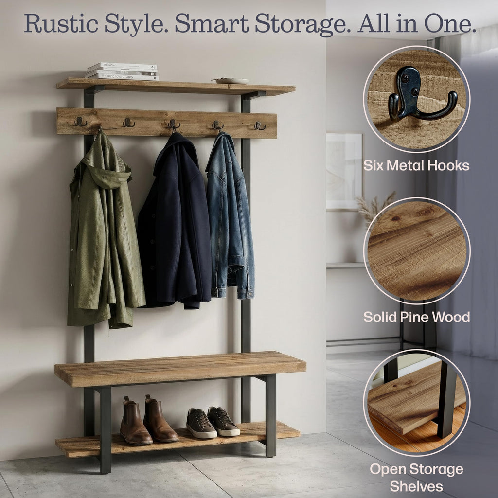 Pomona Solid Wood Entryway Hall Tree with Shoe Bench, Rustic Brown, 48 Inch