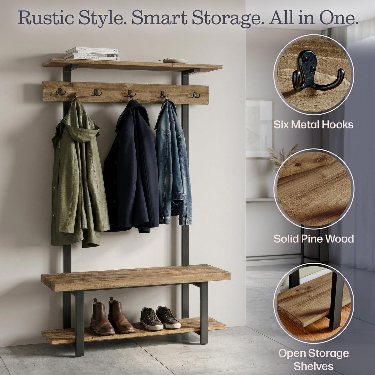 Pomona Solid Wood Entryway Hall Tree with Shoe Bench, Rustic Brown, 48 Inch