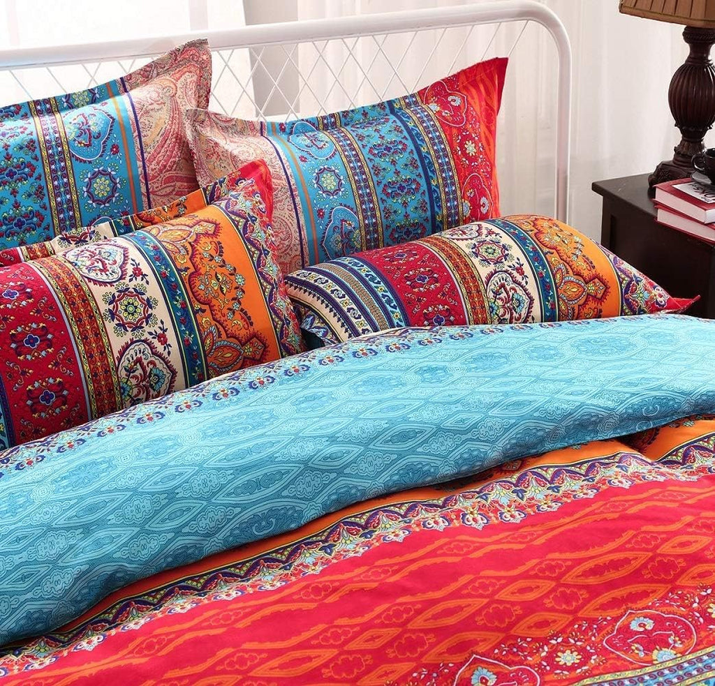 Boho King Duvet Cover, Brushed Microfiber Ethnic Bohemian Colorful Bedding Set Yellow Orange Geo Bohemian Print Duvet