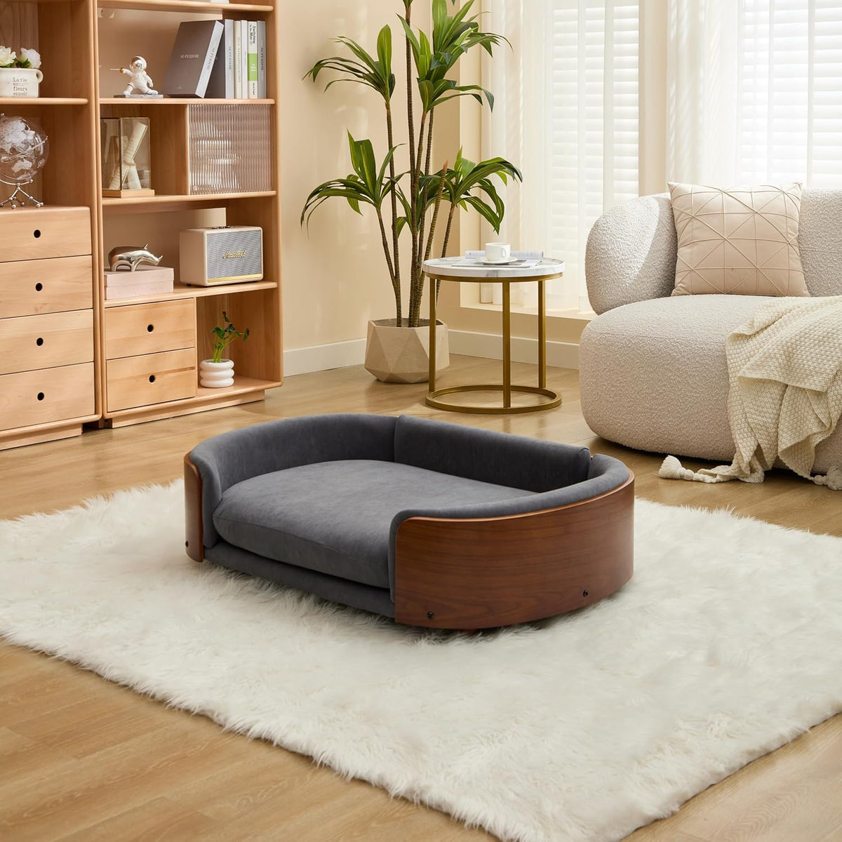 Scandinavian Style Elevated Dog Bed Pet Sofa with Solid Wood Legs and Bent Wood Back, Velvet Cushion, Large Size