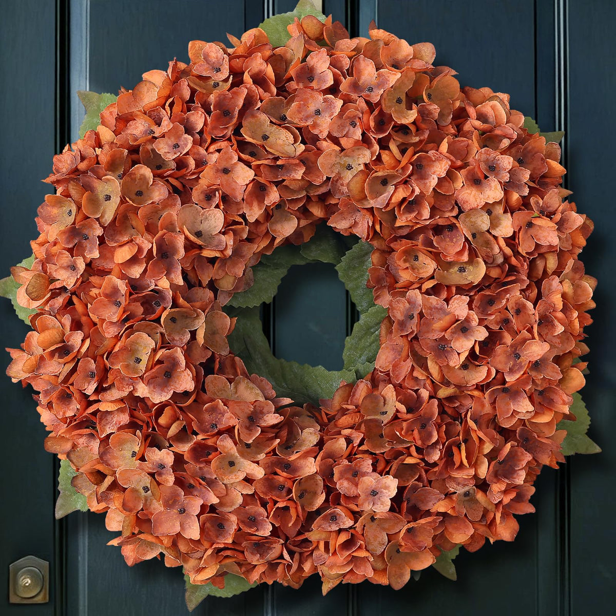 21" Artificial Fall Hydrangea Flower Wreath for Front Door Decor(Orange)