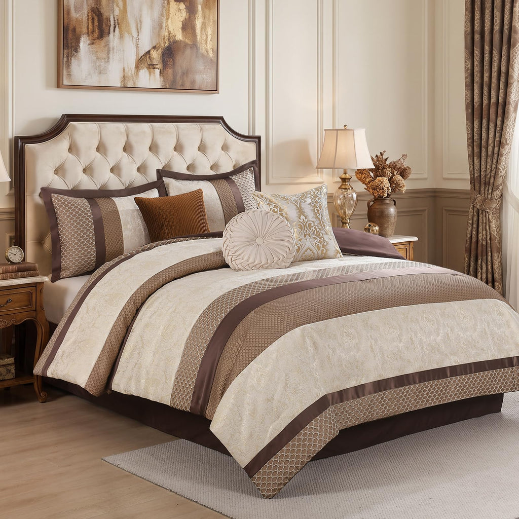 Comforter Set Brown Cream - 7 Piece Jacquard Bed in a Bag