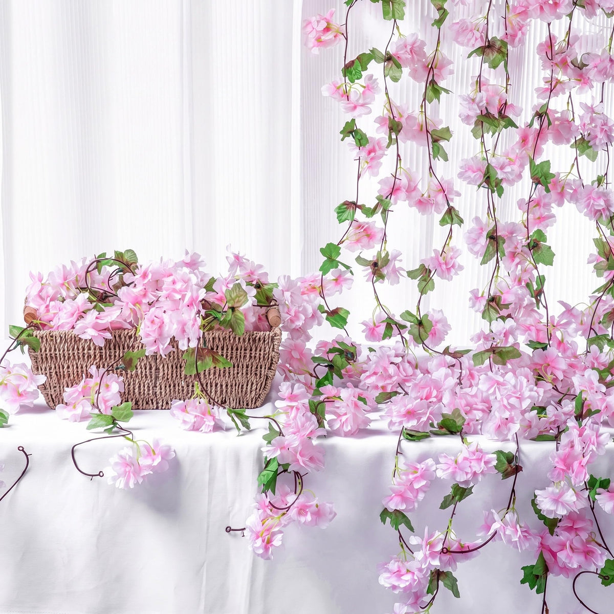 6 Pcs 92.5 FT Artificial Cherry Blossom Flower Vines Bulk, Light Pink