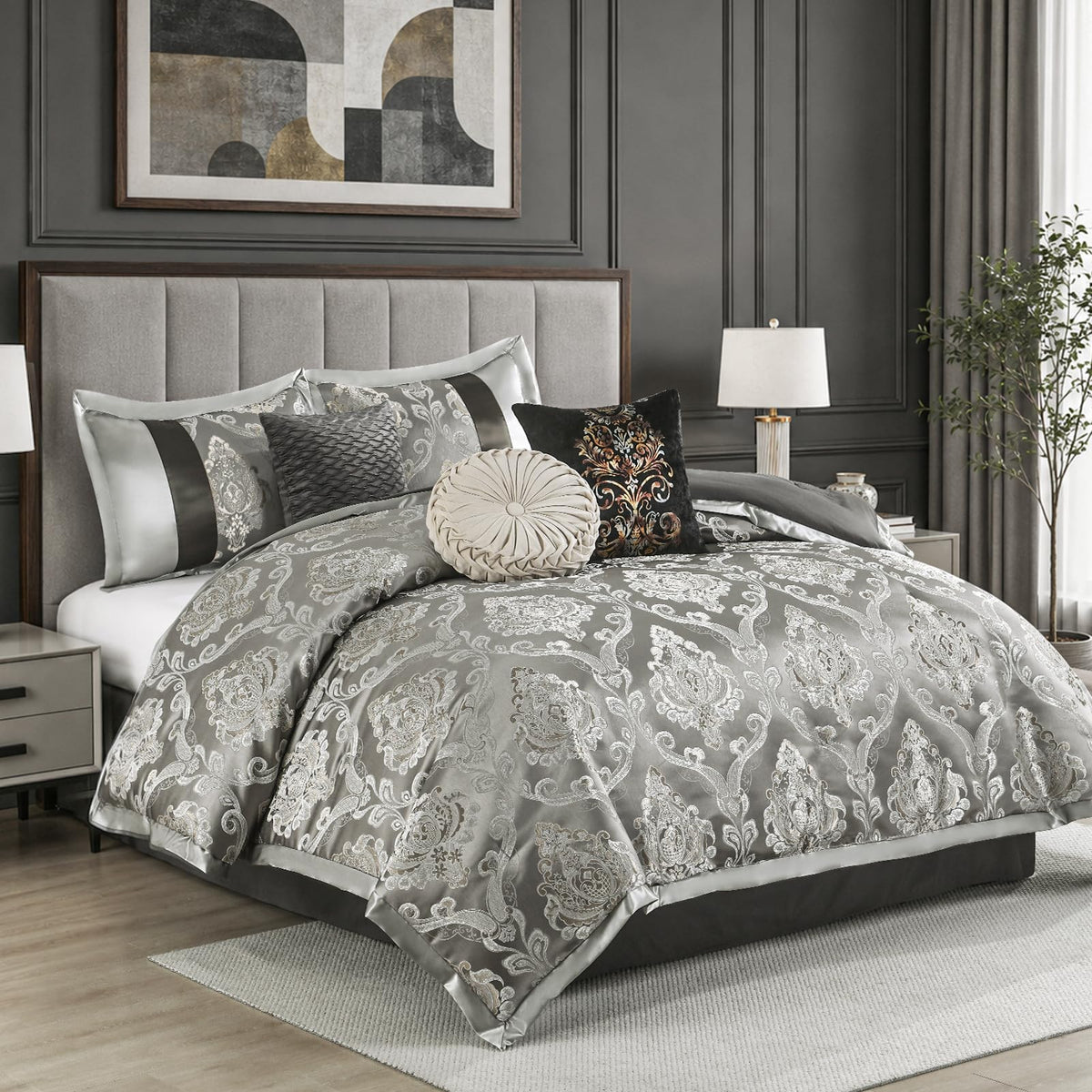 Gray Jacquard Comforter Set - Luxury 7 Piece Bed in a Bag