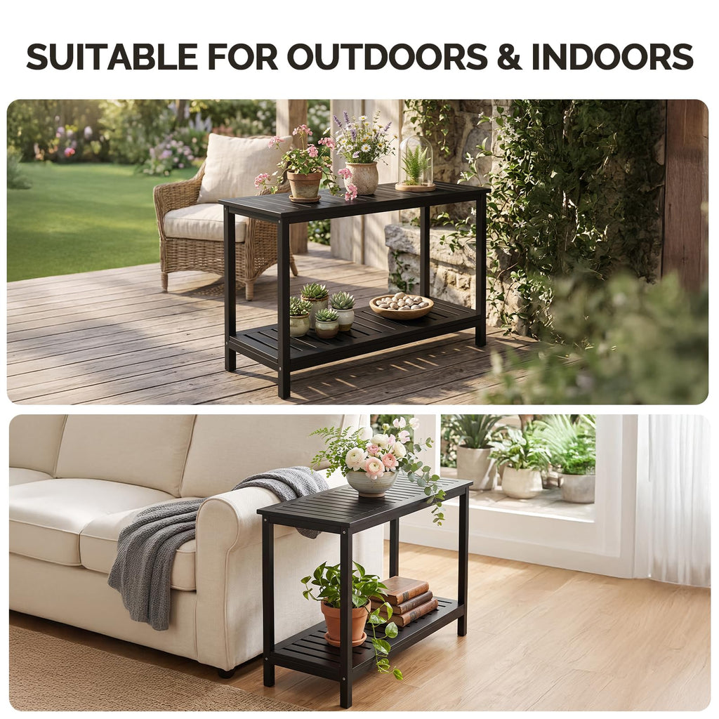 49in Solid Wood Outdoor Console Table, 2-Tier Patio Buffet Bar Table, Multi-Functional Storage Sideboard for Garden