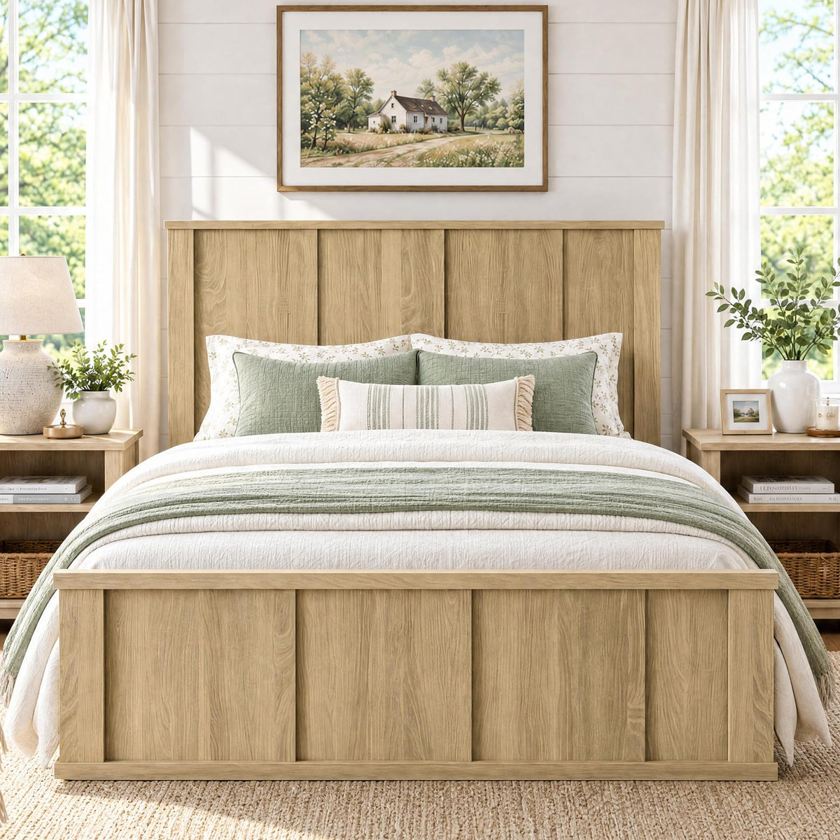 Farmhouse Bed Frame with 50" Tall Headboard, Natural Oak