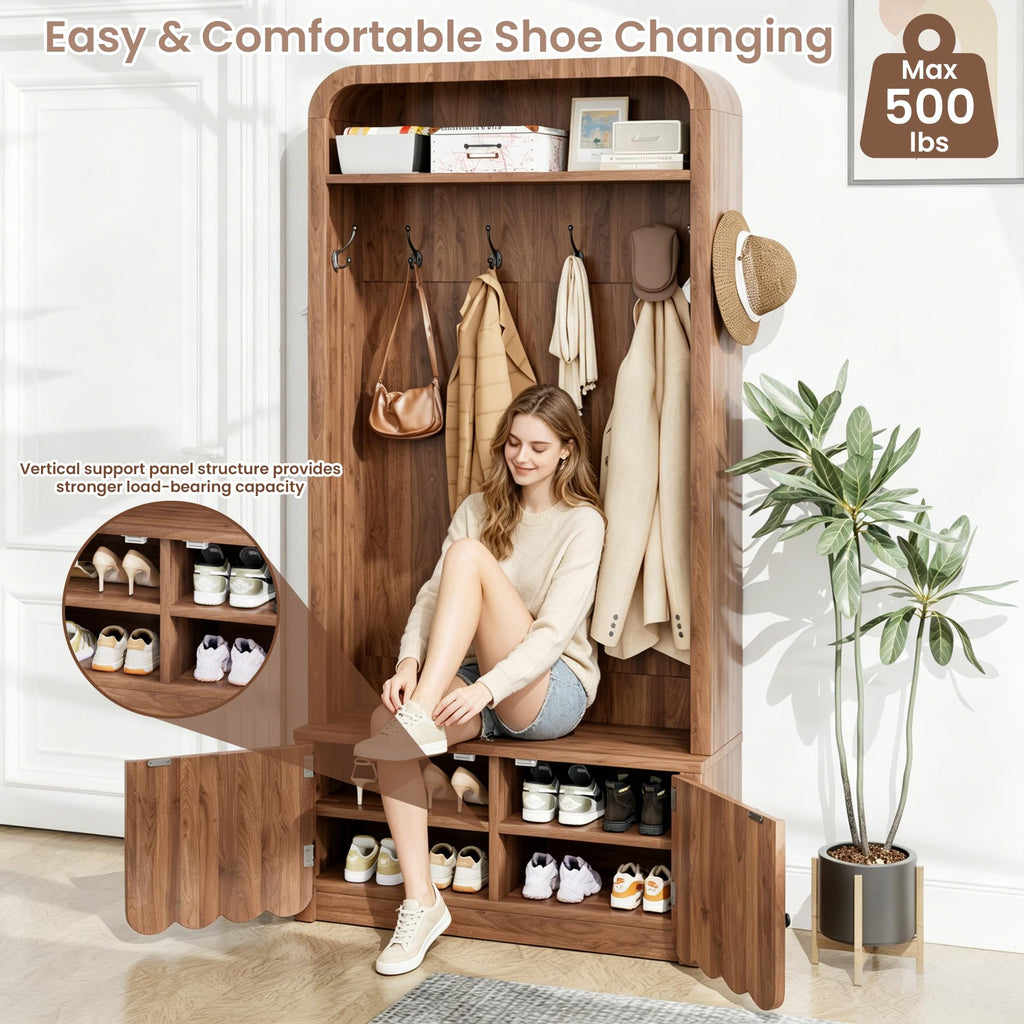 Narrow Hall Tree with Bench and Shoe Storage, Arched Mudroom Bench with Storage and Hooks, Modern Rustic Entryway