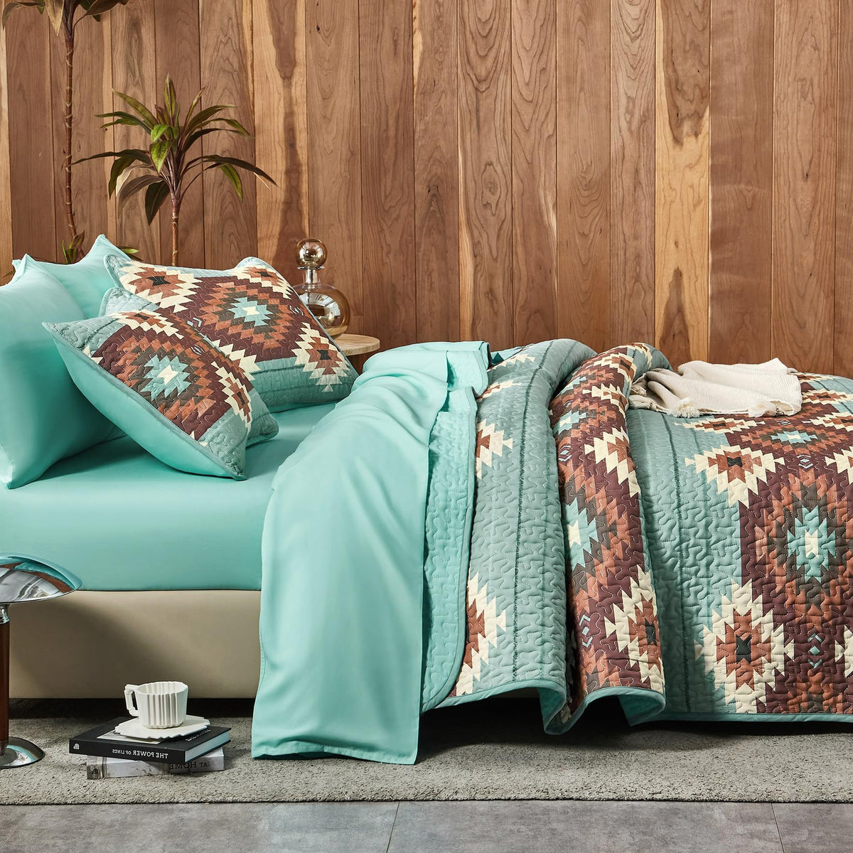 Quilt Set, Aztec Southwestern Rustic Farmhouse Country Cabin with Geometric Pattern, Reversible Lightweight Bedspread