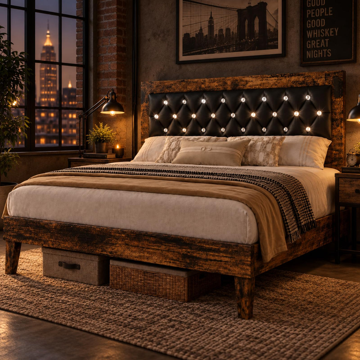 Wood Bed Frame with Diamond Tufted Headboard, Walnut
