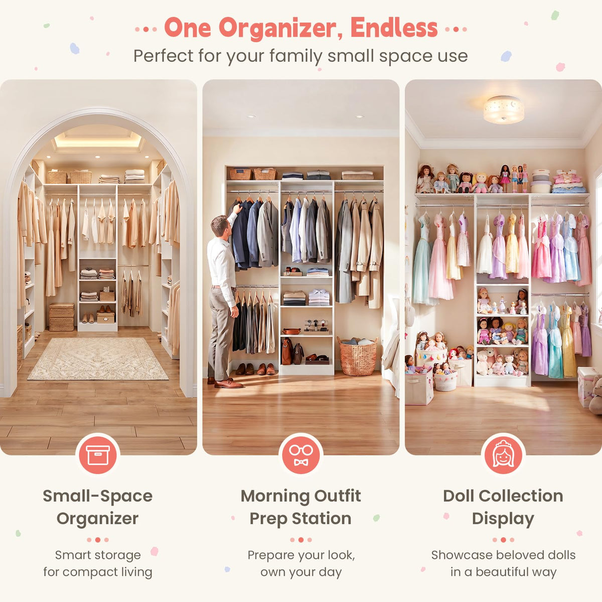 48" Small Closet System, Space-Saving Wall-Mounted Wardrobe Organizer, Mini Garment Rack for Narrow Spaces, Morning