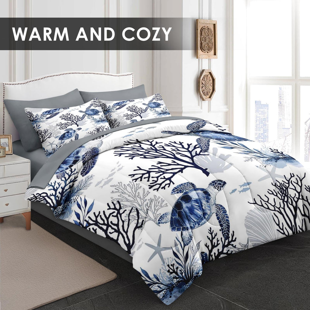 Queen Comforter Set with Sheets, 7 Pieces Turtle Sea Bedding