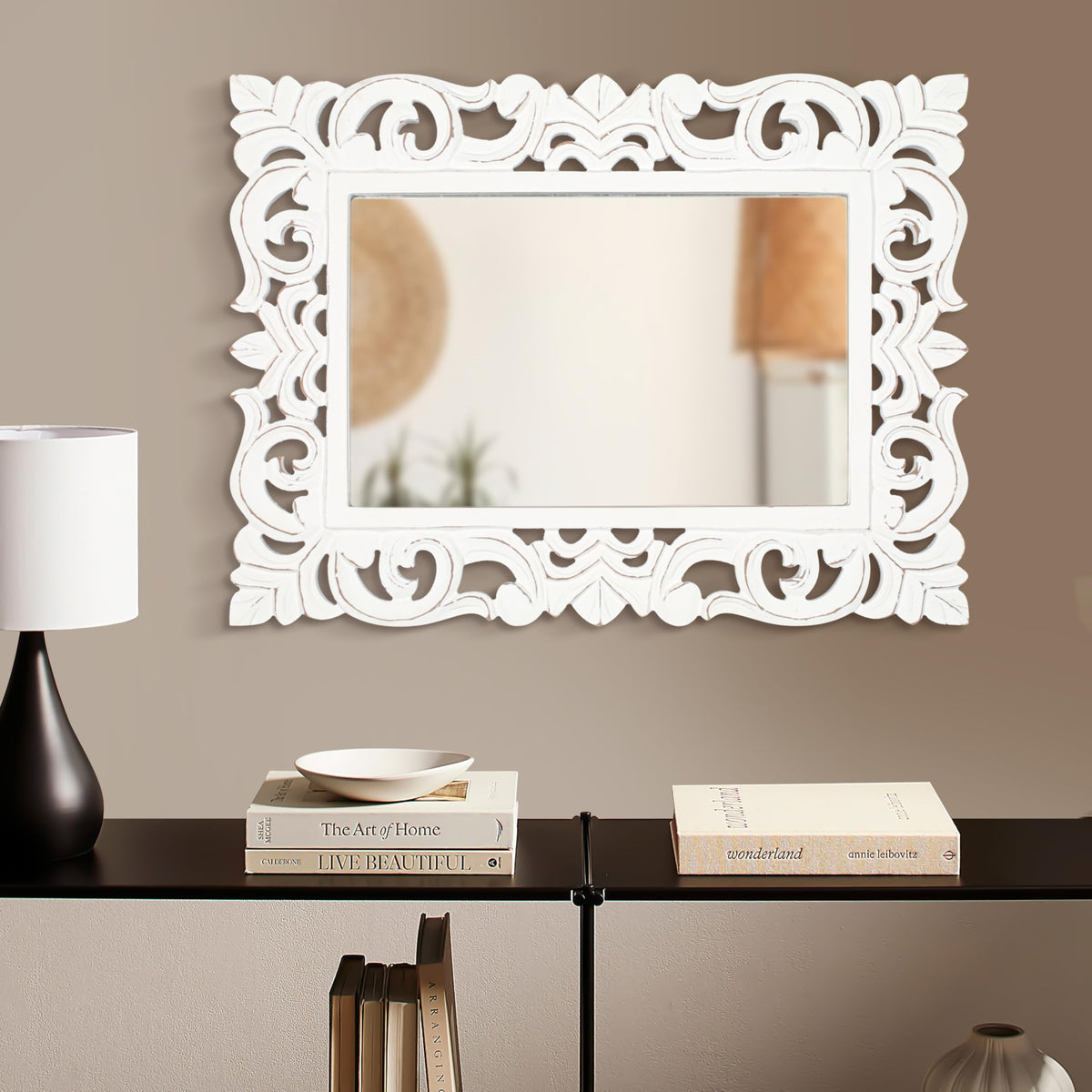 Lightnpro Hand Carved Rectangular Wall Mirror - 18×24 Inch Rustic Farmhouse Wood Frame with Antique White Finish