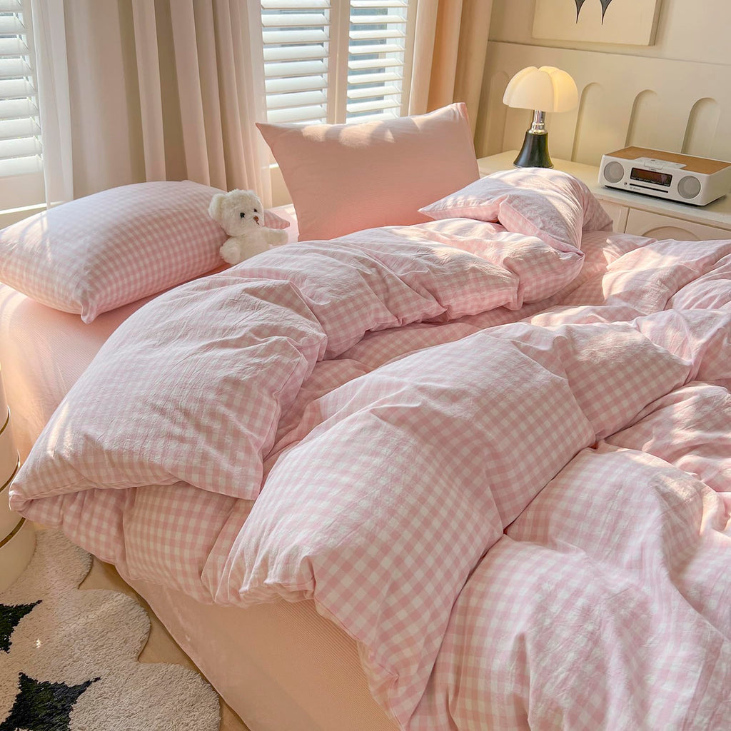 Pink Gingham Duvet Cover Set Cotton (90"x90"), Pink White Plaid