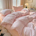 Pink Gingham Duvet Cover Set Cotton (90"x90"), Pink White Plaid