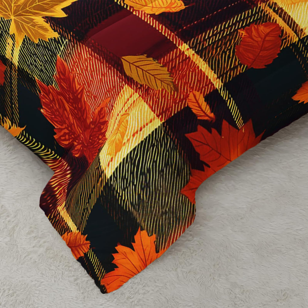 Autumn Maple Plaid Bedding Set 3 Piece, 1 Comforter + 2 Pillowcases, Orange Red Leaves Black Tartan Checks