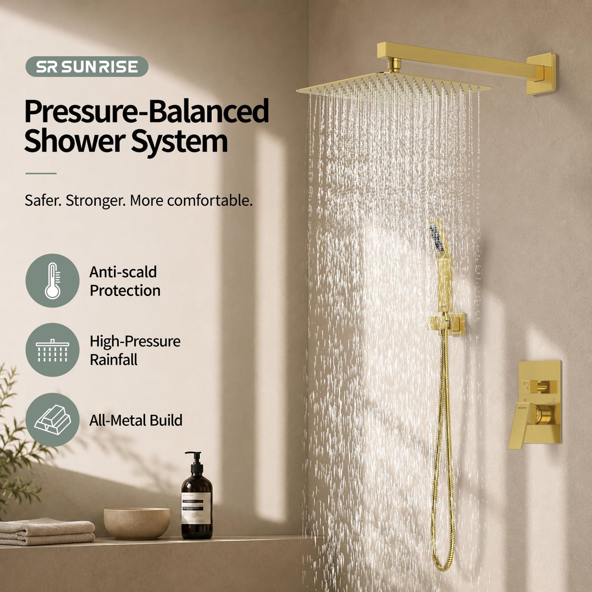Shower Faucet Set 10-Inch Rainfall Shower Head Brushed Gold
