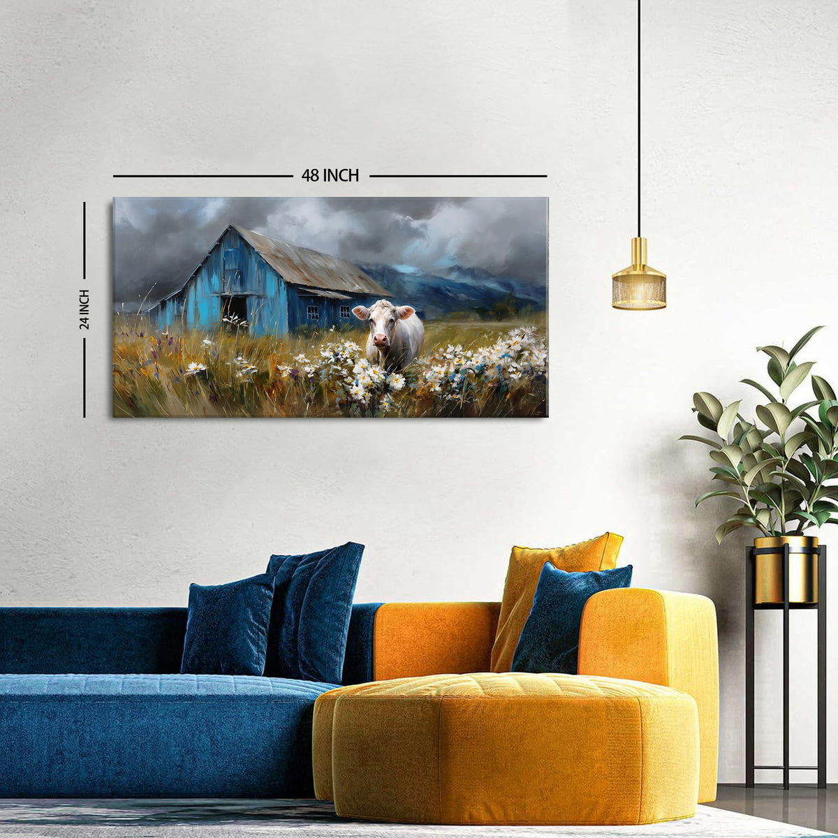 Farmhouse Cow Wall Art Rustic Barn Landscape Pictures Wall Decor Blue Barn Wildflower Field Canvas Prints Country