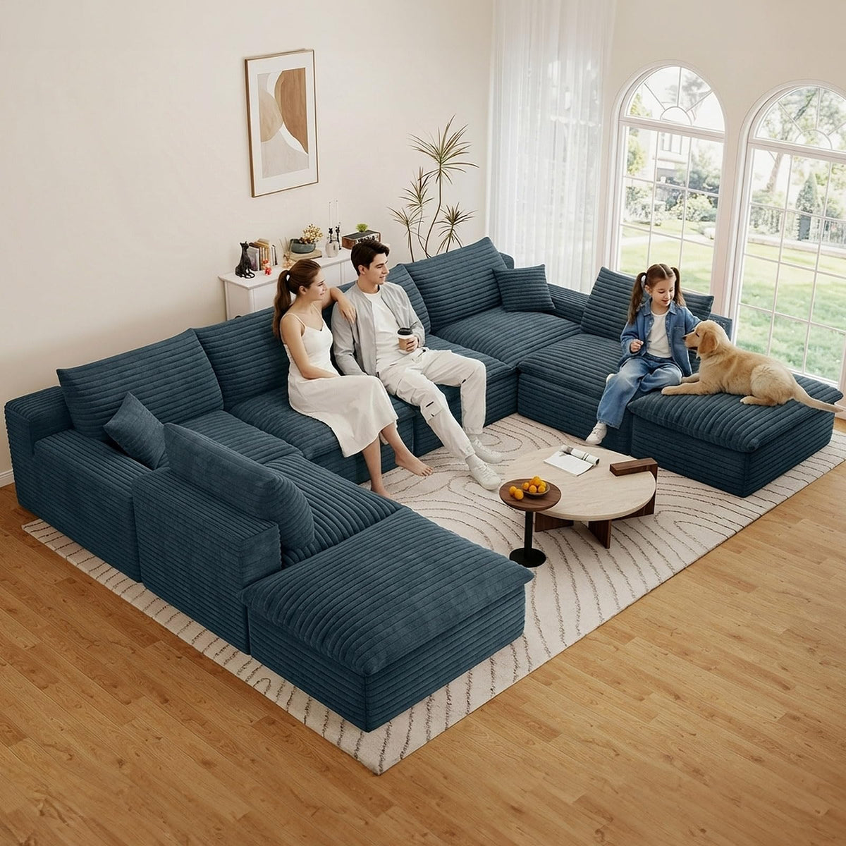 136" Cloud Sectional Couch with U-Shaped Chaise, 6-Seater Corduroy Viral Boneless Sofa with Ottoman, Memory Foam