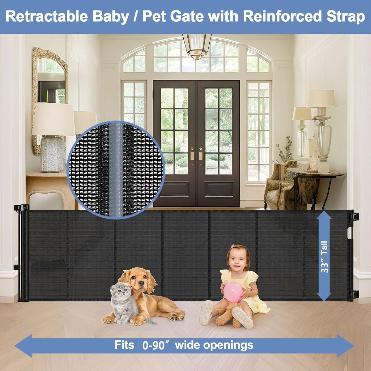 Reinforced 90 Inch Retractable Baby Gates Extra Wide Baby Gate with Reinforced Strips, 7.5ft Long Retractable Dog