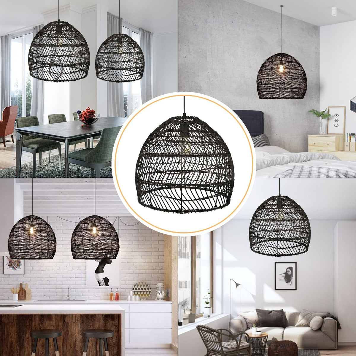 17.6" Black Kitchen Island Pendant Light, Rattan Shades Handmade Hanging Light Ceiling Light, Foyer