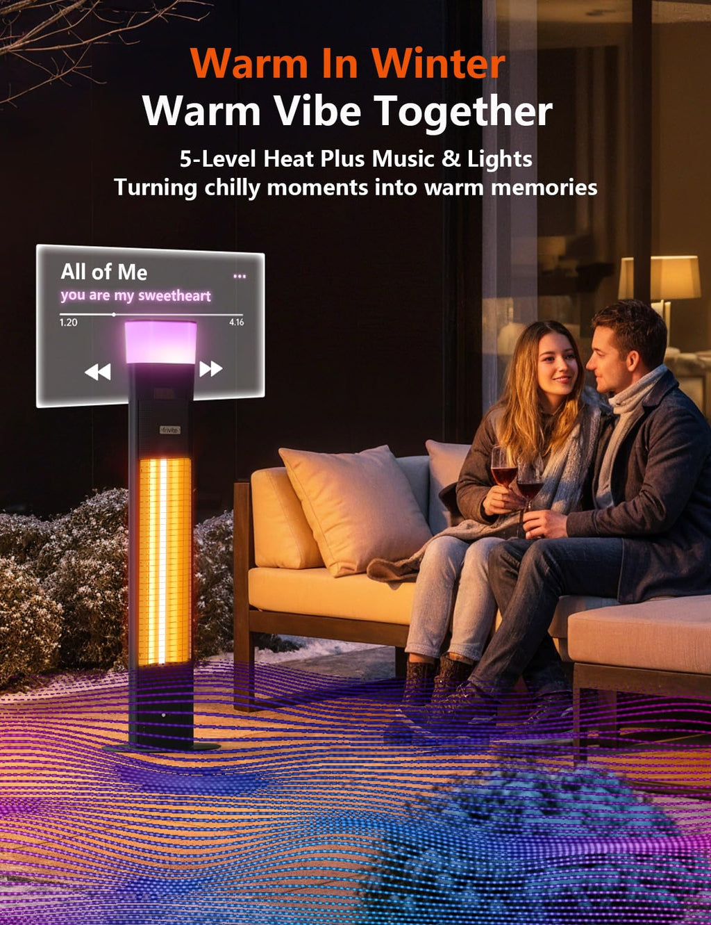 Electric Patio Heater, 1500W Infrared Outdoor Heater, 43-Inch Freestanding Patio Heater with Bluetooth Speaker &