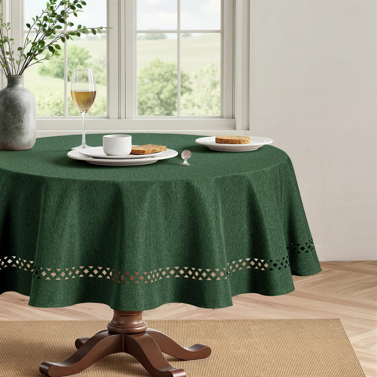 Army Green 60 Inch Round Linen Christmas Tablecloth with Cutouts