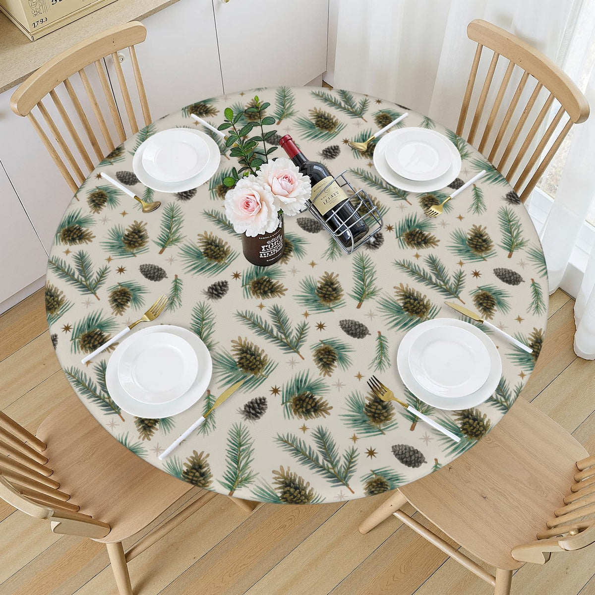 Christmas Round Fitted Tablecloth Best for 44"-48" Xmas Holly Pinecone Table Cloth Elastic Edge Waterproof Stain