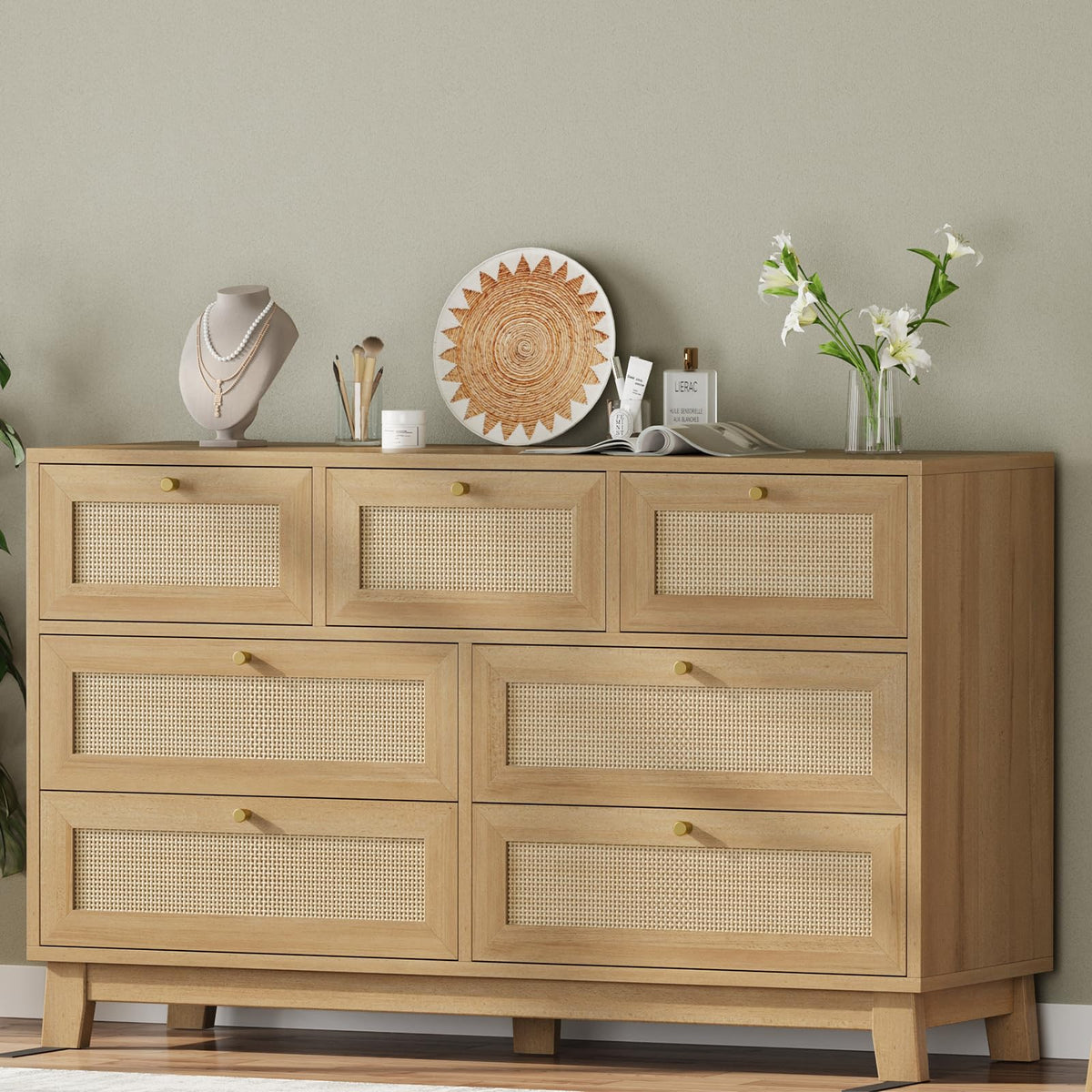 Rattan Dresser with 7 Drawer, Modern Wooden Wide Bedroom Dresser, Chest of Drawers with Metal Handle & Solid Wood
