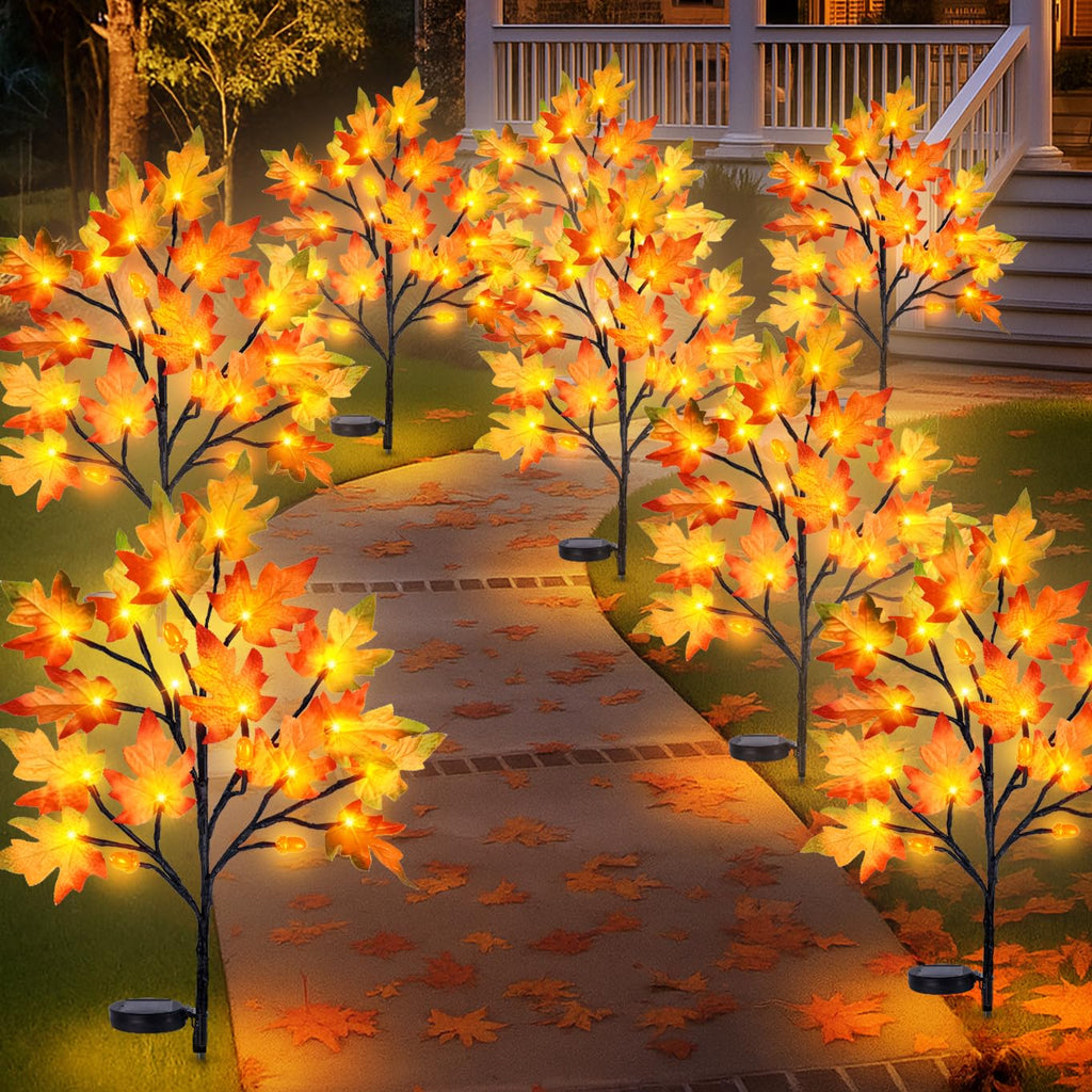 4PCS Solar Fall Lights Outdoor Decorative, 34" Fall Decor with Acorn Maple Leaf, 40LED Each with 8 Modes & Timer