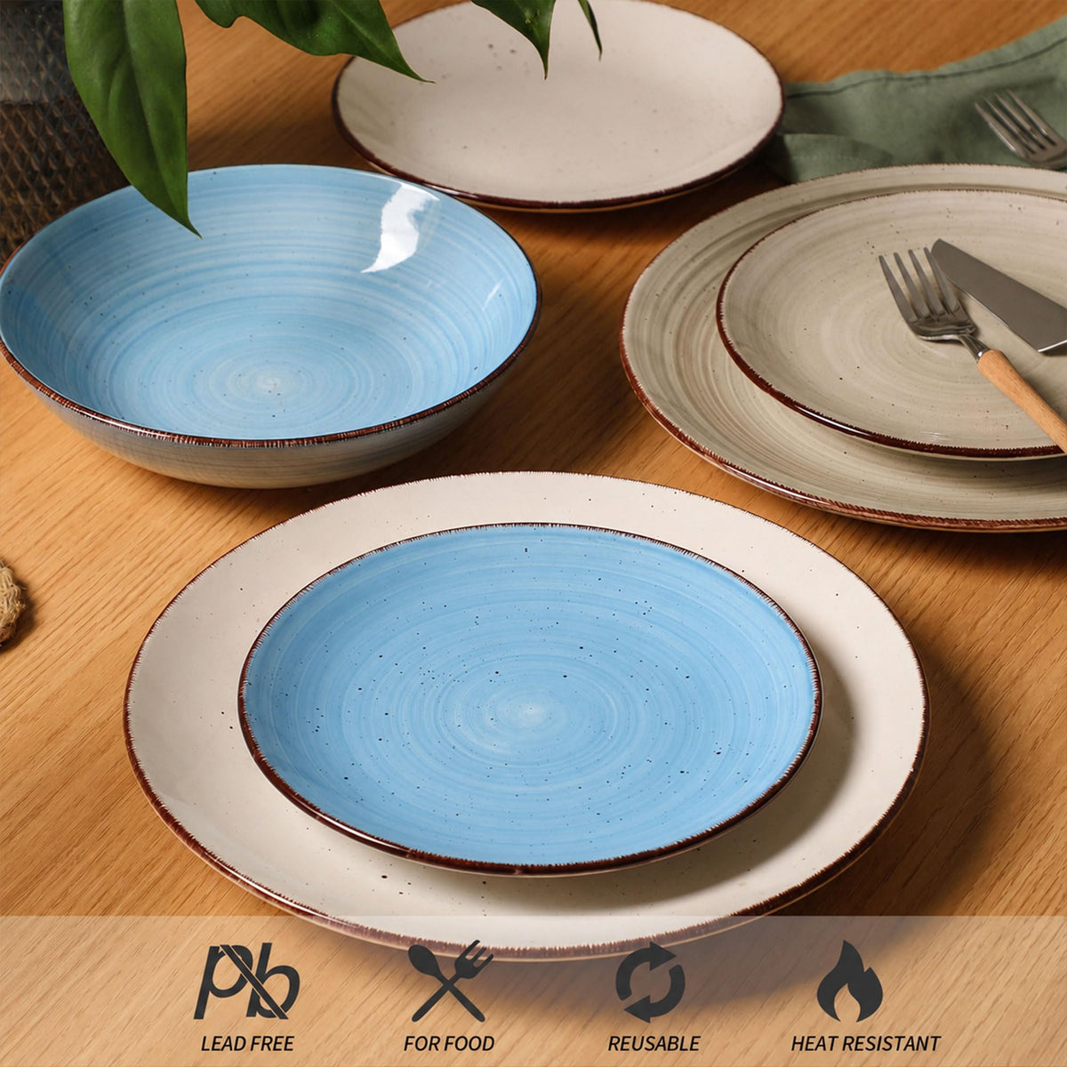 Dinnerware Sets for 6, 18 Piece Stoneware Plates and Bowls Set, Blue
